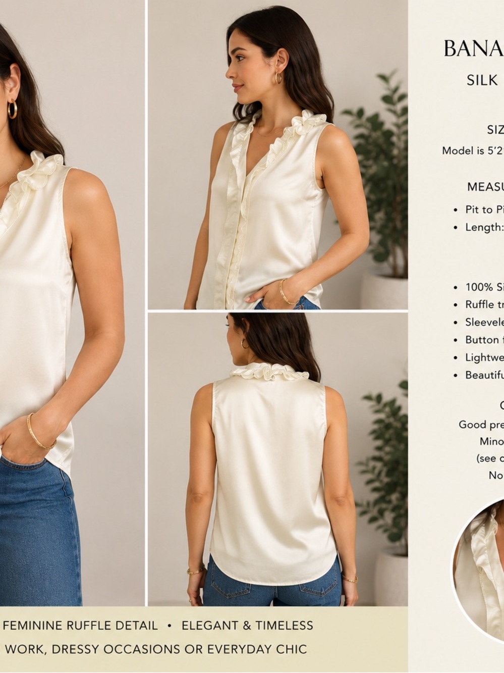 Banana Republic Silk Blend Ruffle Neck Sleeveless Blouse Ivory Cream 12P